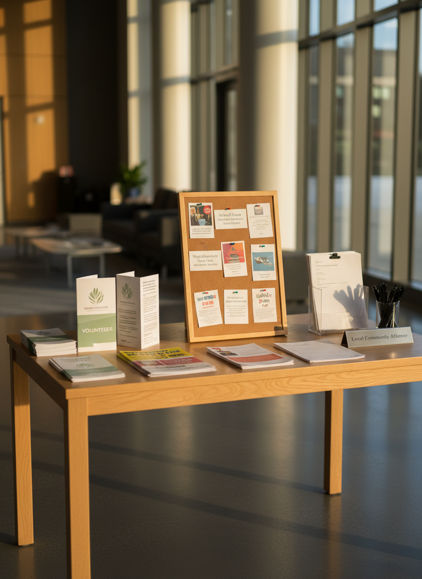 A warmly lit community resource table carefully arranged in a modern civic lobby, filled with neatly stacked volunteer brochures, colorful partnership flyers, and a small corkboard displaying pinned community event cards. A smooth light-oak tabletop holds a brushed metal holder with neatly organized sign-up sheets and pens, alongside a subtle nameplate engraved with “Local Community Alliance.” Soft afternoon daylight filters through large windows, creating gentle reflections on the polished floor and subtle highlights on the paper edges. Photographic realism at eye level, with a shallow depth of field that keeps the table in crisp focus while the background architecture fades into a soft, professional blur, conveying an organized, welcoming atmosphere of connection and opportunity without any people present.