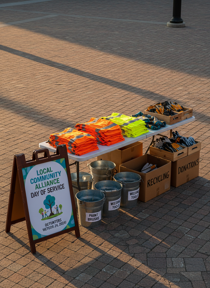 An outdoor community project staging area in a tidy urban plaza, showcasing carefully arranged tools and supplies ready for volunteers: stacks of bright safety vests folded on a portable table, neatly grouped gloves, labeled buckets, and cartons labeled for recycling and donations. Nearby, a freestanding sandwich-board sign displays a professionally designed “Local Community Alliance Day of Service” poster. Late afternoon golden-hour sunlight casts long, warm shadows across the brick paving and creates a soft glow on the materials, enhancing color and texture. Photographic realism from a slightly elevated angle, using rule-of-thirds composition to emphasize the organized supplies, conveying an energetic yet orderly atmosphere of civic engagement without depicting any people.