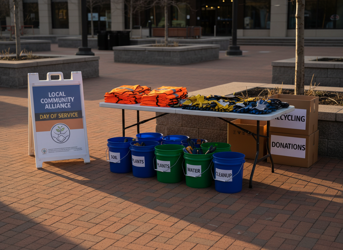 An outdoor community project staging area in a tidy urban plaza, showcasing carefully arranged tools and supplies ready for volunteers: stacks of bright safety vests folded on a portable table, neatly grouped gloves, labeled buckets, and cartons labeled for recycling and donations. Nearby, a freestanding sandwich-board sign displays a professionally designed “Local Community Alliance Day of Service” poster. Late afternoon golden-hour sunlight casts long, warm shadows across the brick paving and creates a soft glow on the materials, enhancing color and texture. Photographic realism from a slightly elevated angle, using rule-of-thirds composition to emphasize the organized supplies, conveying an energetic yet orderly atmosphere of civic engagement without depicting any people.