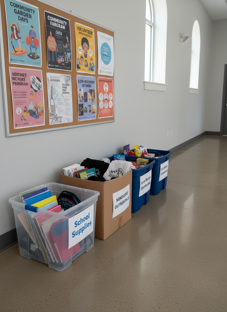 A row of neatly organized donation and supply bins lined up along a freshly painted community center hallway, each labeled with clear, bold tags such as “School Supplies,” “Nonprofit Outreach Materials,” and “Local Business Contributions.” Recyclable plastic containers and sturdy cardboard boxes are stacked systematically on a neutral-toned floor beneath a bulletin board filled with well-designed, colorful volunteer opportunity posters. Soft, diffused overcast light streams in from high windows, casting gentle, even illumination that highlights textures and printed labels. The photographic image is captured from a slightly low, three-quarter angle, creating depth and leading lines down the corridor, evoking a sense of readiness, structure, and civic pride without including any people.
