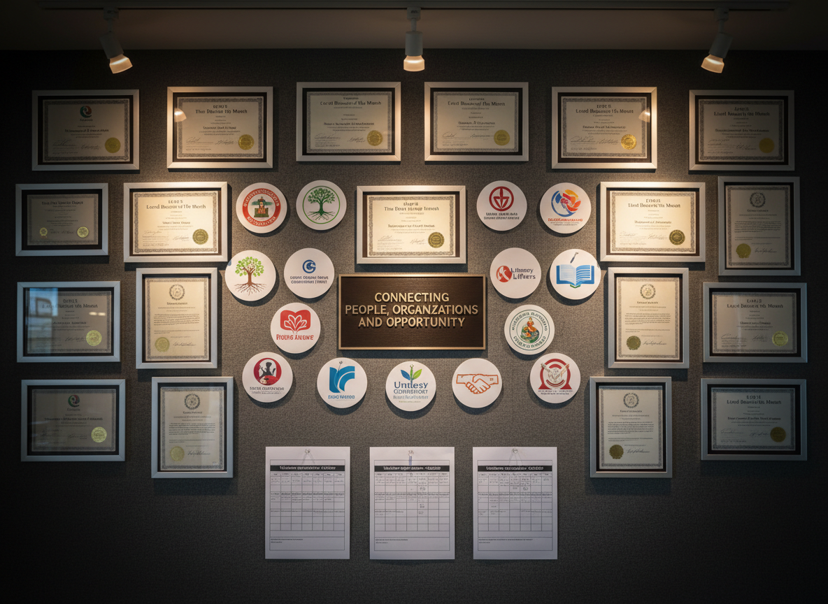 A close-up, photographic view of a shared bulletin wall in a civic building, covered with meticulously arranged community partnership materials: framed certificates recognizing local businesses, pinned nonprofit logos, cleanly printed volunteer schedules, and a central mission statement plaque reading “Connecting People, Organizations, and Opportunity.” The textured fabric of the bulletin surface contrasts with the smooth glass and polished metal frames. Overhead track lighting casts soft, focused beams that create gentle highlights on the glass and subtle, crisp shadows around the pinned edges. Shot straight-on with sharp focus and a slightly vignetted background, the composition feels structured and professional, symbolizing the interconnected network of local alliances and resources with no people present.