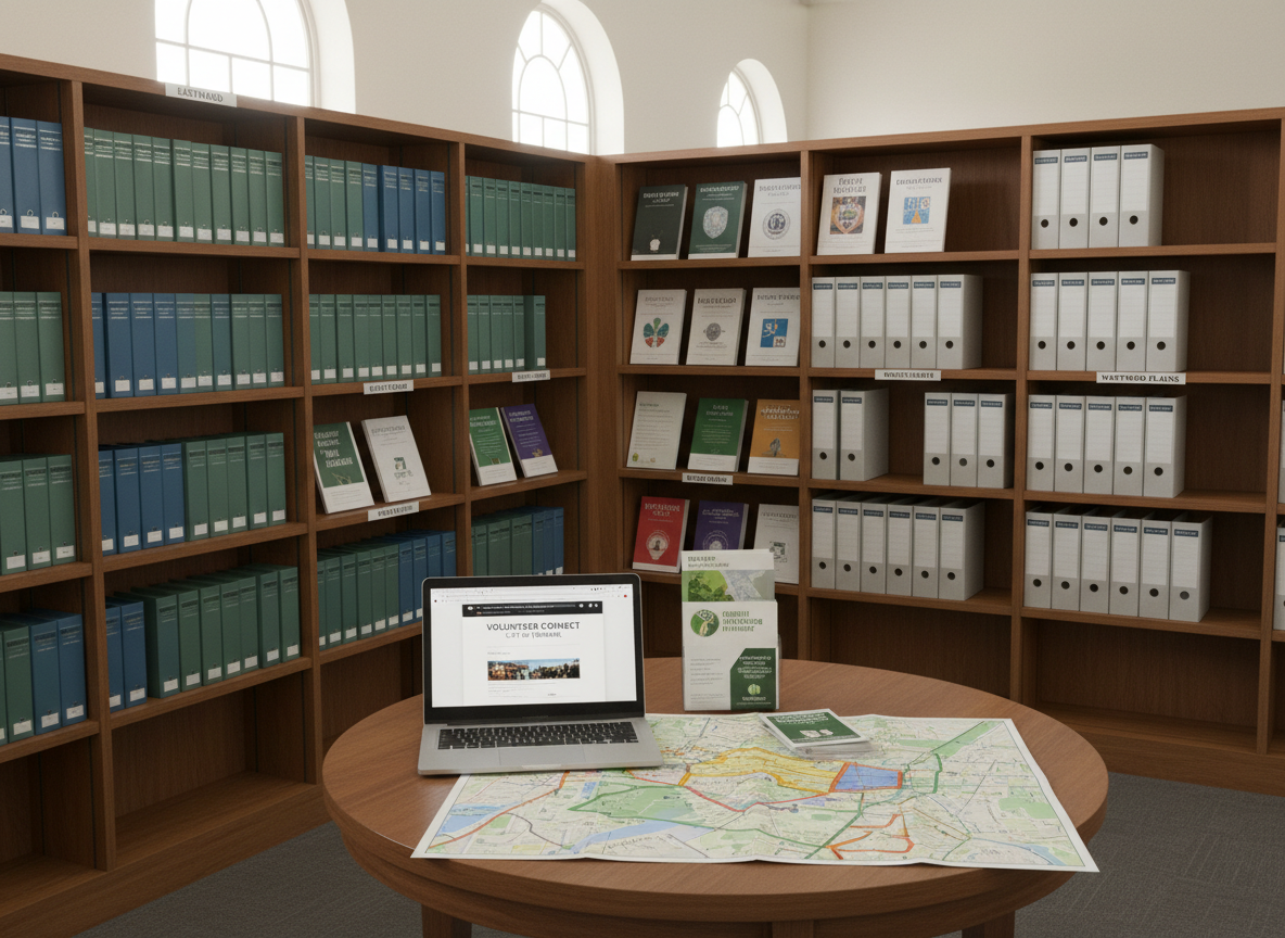 A quiet corner of a local library converted into a resource hub, with tall shelves of neatly arranged community guides, nonprofit reports, and binders labeled with different neighborhoods. A central round table holds a laptop open to a volunteer portal, a city map with highlighted zones, and a small stack of branded handouts from partner organizations. Soft, diffused natural light from large windows creates an even, serene illumination, with subtle shadows under the table and shelves. Photographic realism from a mid-height, slightly angled perspective, highlighting depth between foreground and background. The mood is calm, studious, and purposeful, suggesting thoughtful planning and information-sharing among community partners in a professional, people-free environment.