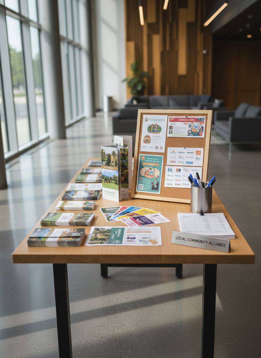 A warmly lit community resource table carefully arranged in a modern civic lobby, filled with neatly stacked volunteer brochures, colorful partnership flyers, and a small corkboard displaying pinned community event cards. A smooth light-oak tabletop holds a brushed metal holder with neatly organized sign-up sheets and pens, alongside a subtle nameplate engraved with “Local Community Alliance.” Soft afternoon daylight filters through large windows, creating gentle reflections on the polished floor and subtle highlights on the paper edges. Photographic realism at eye level, with a shallow depth of field that keeps the table in crisp focus while the background architecture fades into a soft, professional blur, conveying an organized, welcoming atmosphere of connection and opportunity without any people present.