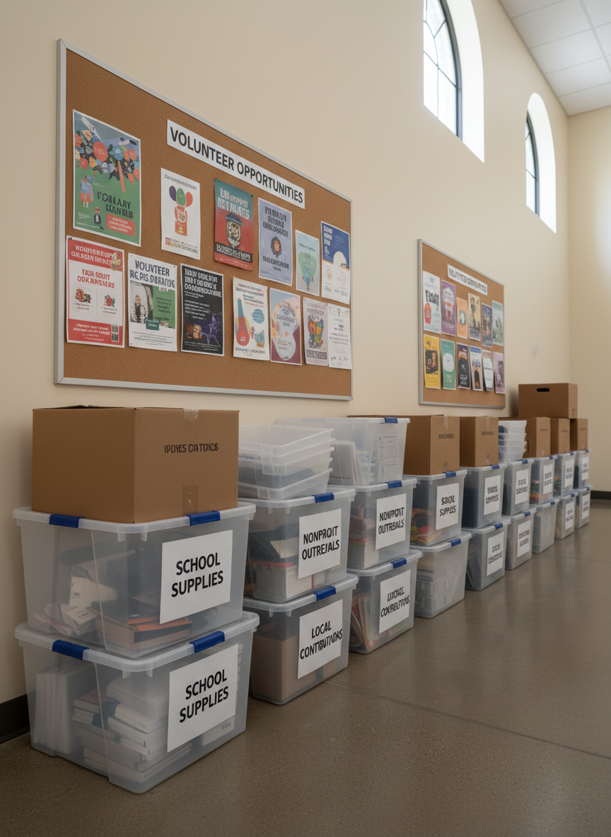 A row of neatly organized donation and supply bins lined up along a freshly painted community center hallway, each labeled with clear, bold tags such as “School Supplies,” “Nonprofit Outreach Materials,” and “Local Business Contributions.” Recyclable plastic containers and sturdy cardboard boxes are stacked systematically on a neutral-toned floor beneath a bulletin board filled with well-designed, colorful volunteer opportunity posters. Soft, diffused overcast light streams in from high windows, casting gentle, even illumination that highlights textures and printed labels. The photographic image is captured from a slightly low, three-quarter angle, creating depth and leading lines down the corridor, evoking a sense of readiness, structure, and civic pride without including any people.