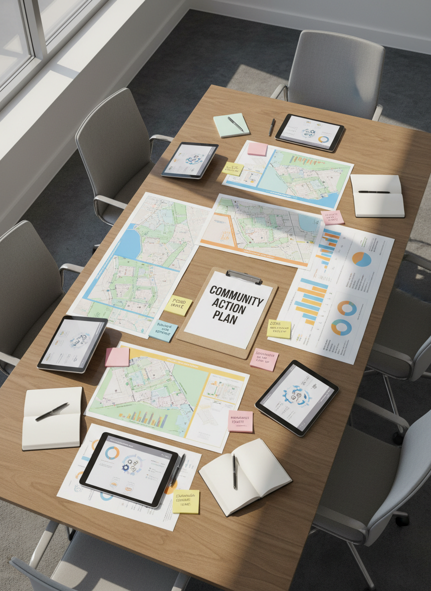 A detailed overhead view of a collaborative planning workspace in a bright, modern conference room, featuring an array of color-coded maps of a small town, printed charts showing volunteer hours, and tablets displaying partnership dashboards. Sticky notes with handwritten keywords like “food drive,” “local business,” and “neighborhood clean-up” are neatly arranged around a central clipboard labeled “Community Action Plan.” Natural daylight from a nearby window washes across the table, creating soft, directional shadows that emphasize the layered papers. Photographic realism with a clean, professional aesthetic, shot from a bird’s-eye perspective to highlight organization, strategy, and coordination among community groups, while the chairs are intentionally empty to avoid human presence yet suggest active collaboration.