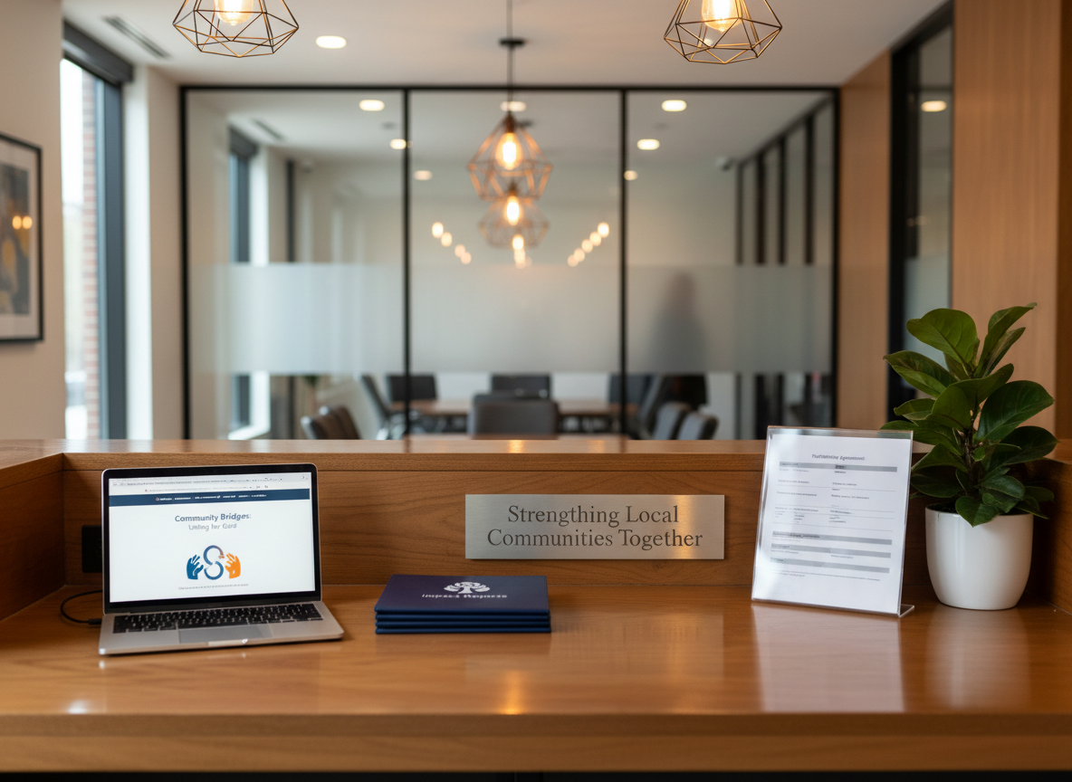 A polished wooden reception counter inside a contemporary nonprofit hub, featuring a sleek laptop displaying a community alliance website, a small stack of branded folders, and a clear acrylic stand holding partnership agreement forms between local businesses and charities. A discreet metal sign etched with “Strengthening Local Communities Together” sits beside a minimalist potted plant with glossy green leaves. Warm overhead pendant lighting combines with soft window light, creating a balanced, professional glow with subtle reflections on the countertop. Photographic realism from an eye-level, straight-on perspective, with a gently blurred background of glass-partitioned meeting rooms, establishing a calm, organized, and trustworthy atmosphere centered on coordination and support, with no human figures visible.